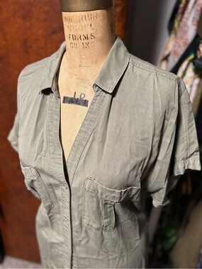 Washed Olive Utility Midi Dress with Pockets and waist tie